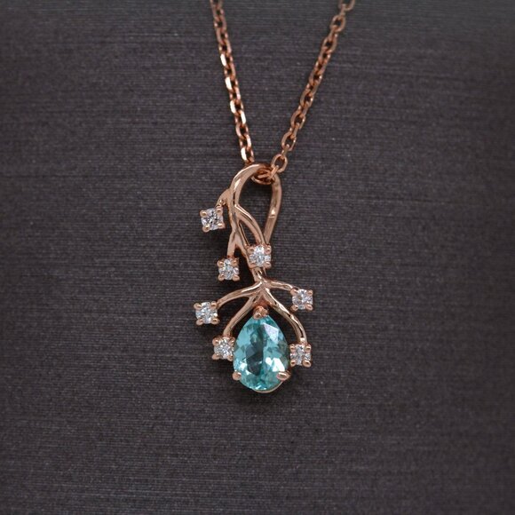 Afghan Paraiba Color Tourmaline Pendant in 14K Solid Gold with Natural Diamonds - Picture 5 of 8
